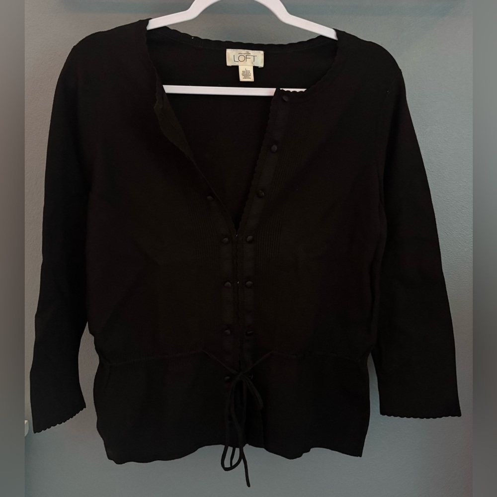 Ann Taylor LOFT Black Button-Front Cardigan with Tie Waist